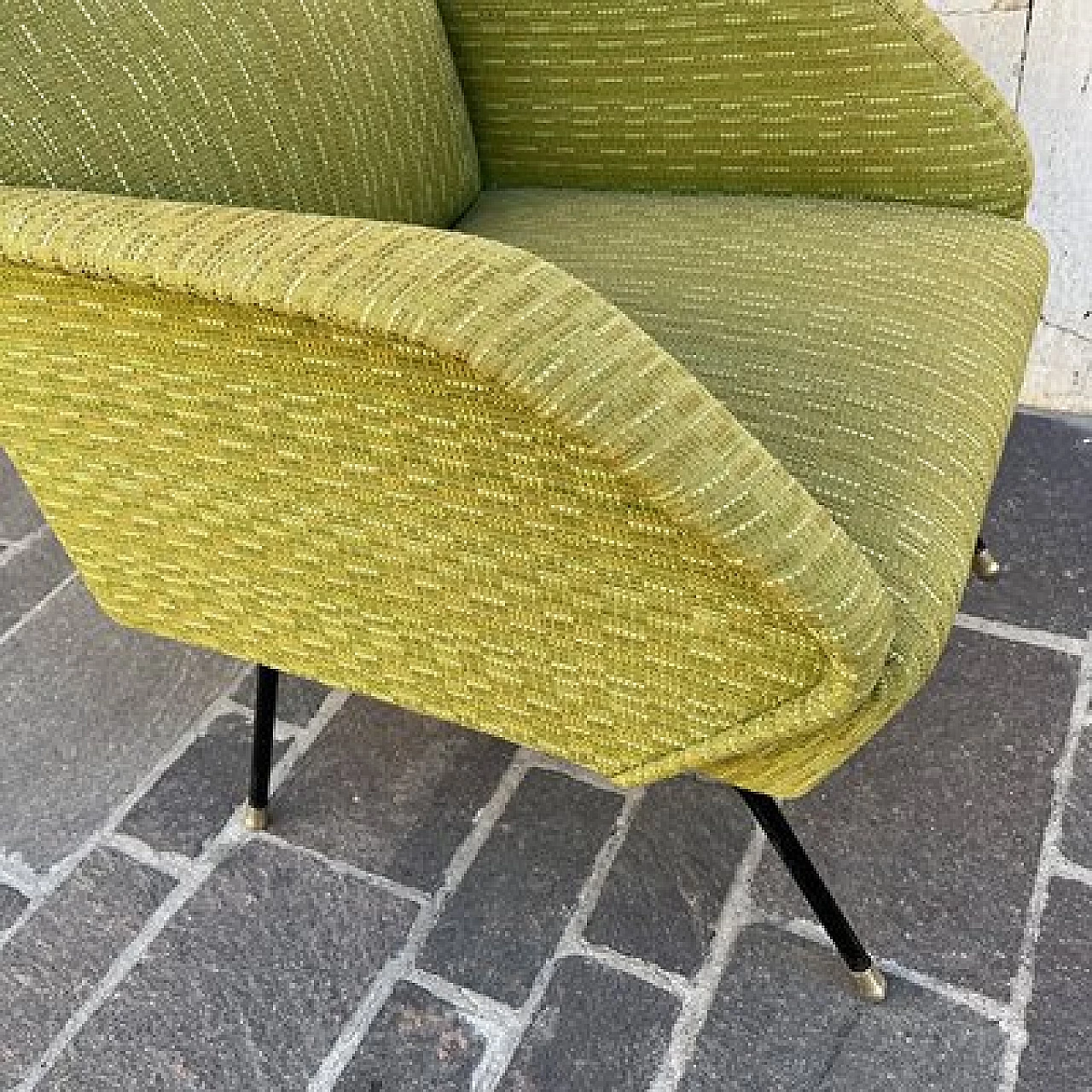 Sofa and pair of armchairs in acid green fabric, 1950s 18