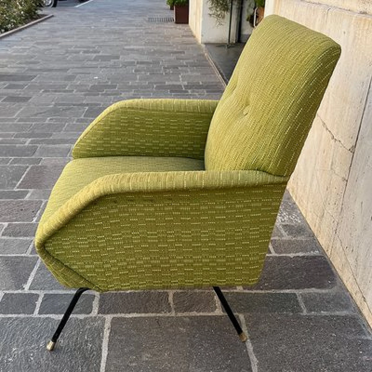 Sofa and pair of armchairs in acid green fabric, 1950s 22