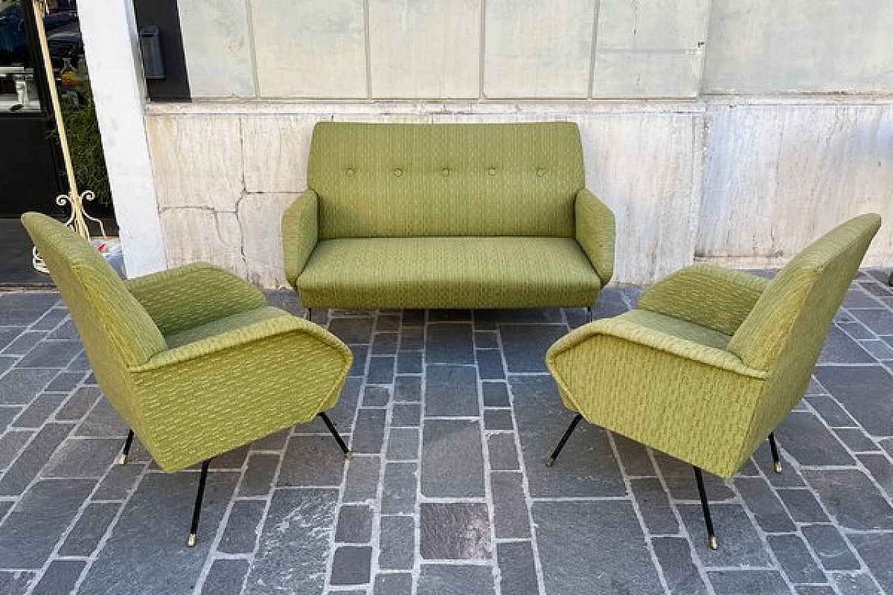 Sofa and pair of armchairs in acid green fabric, 1950s 28