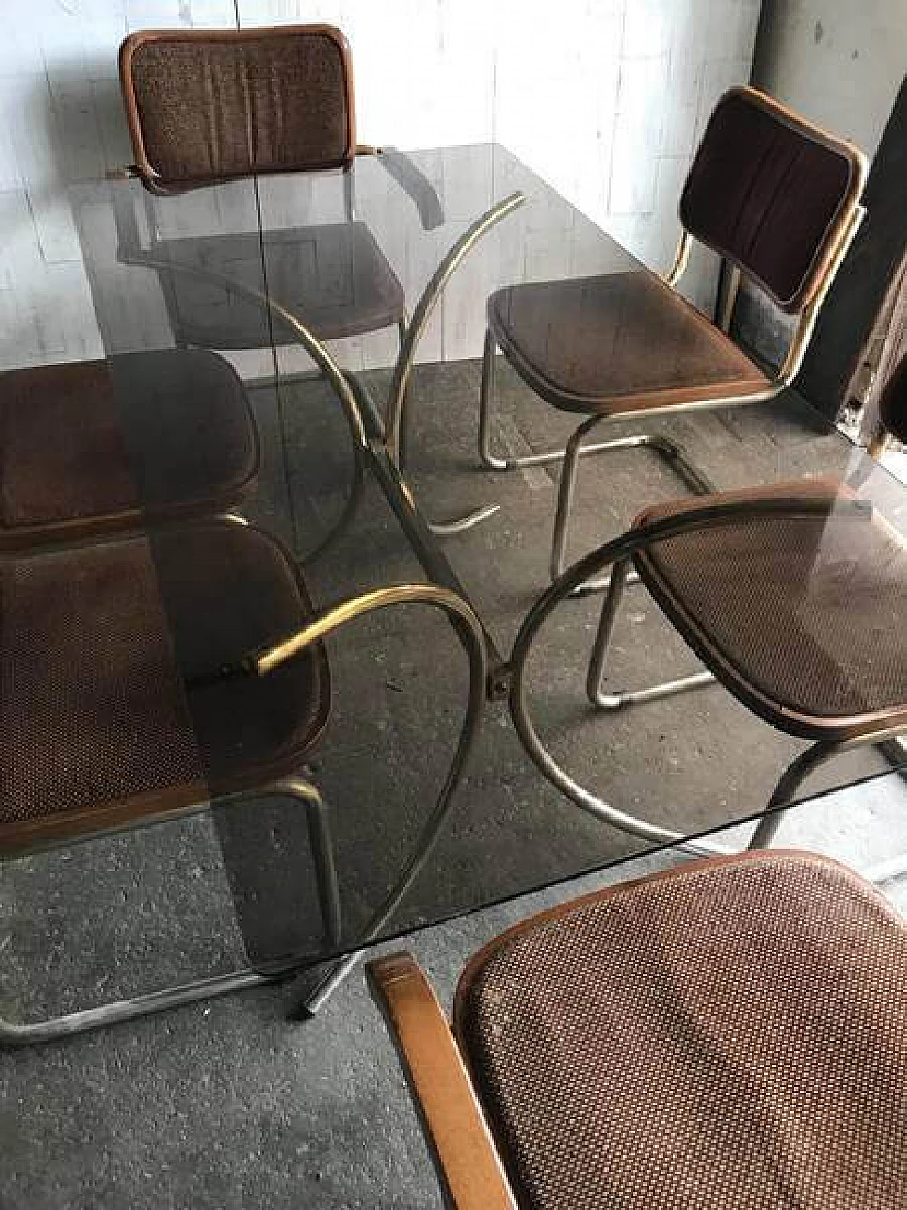 6 Cesca-style chairs by Marcel Breuer and smoked glass table, 1980s 5