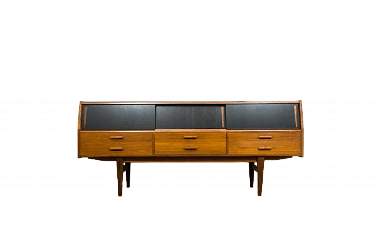 Danish teak sideboard with drawers and black sliding doors, 1960s 28