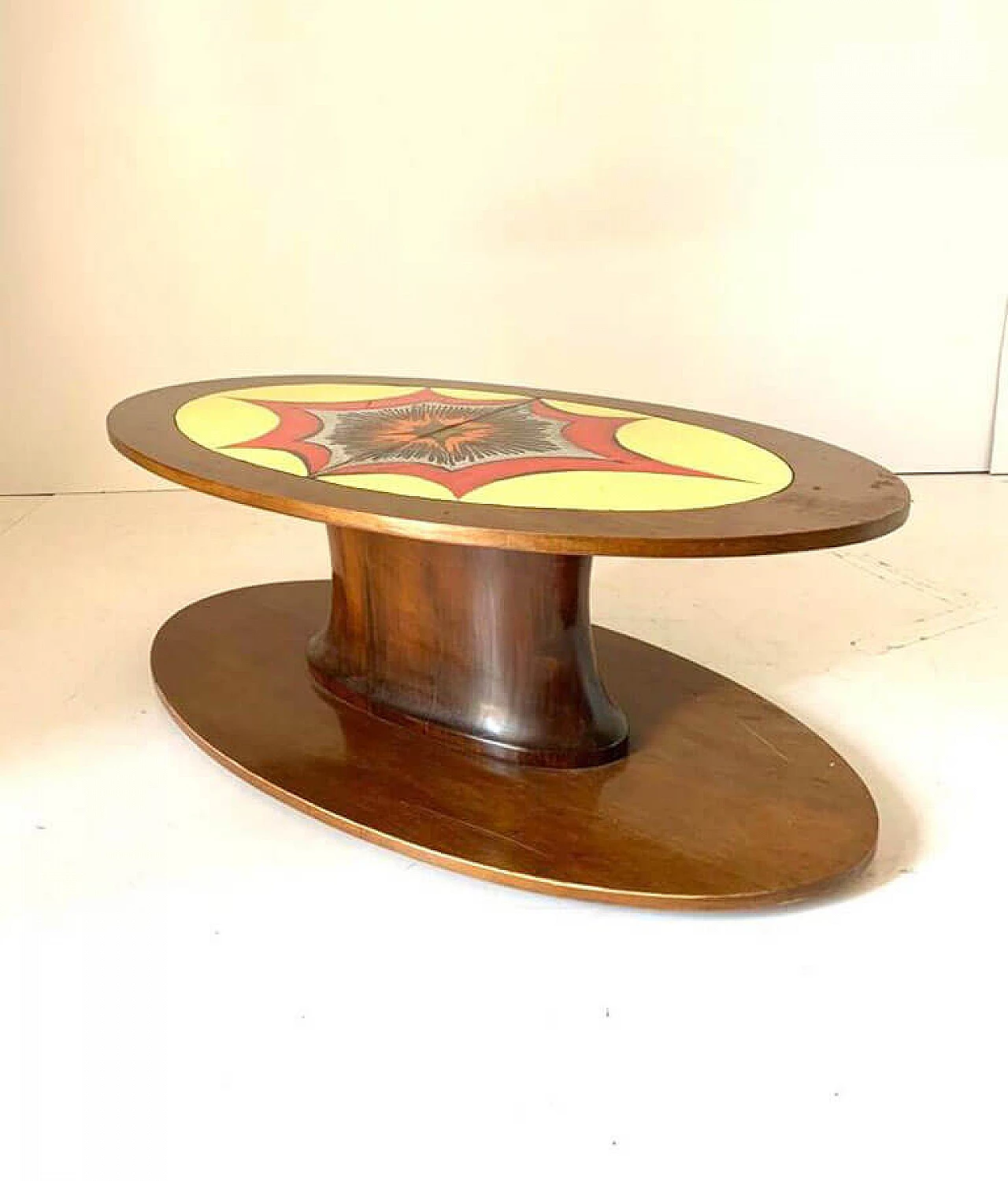 Decorated solid walnut coffee table, 1960s 9