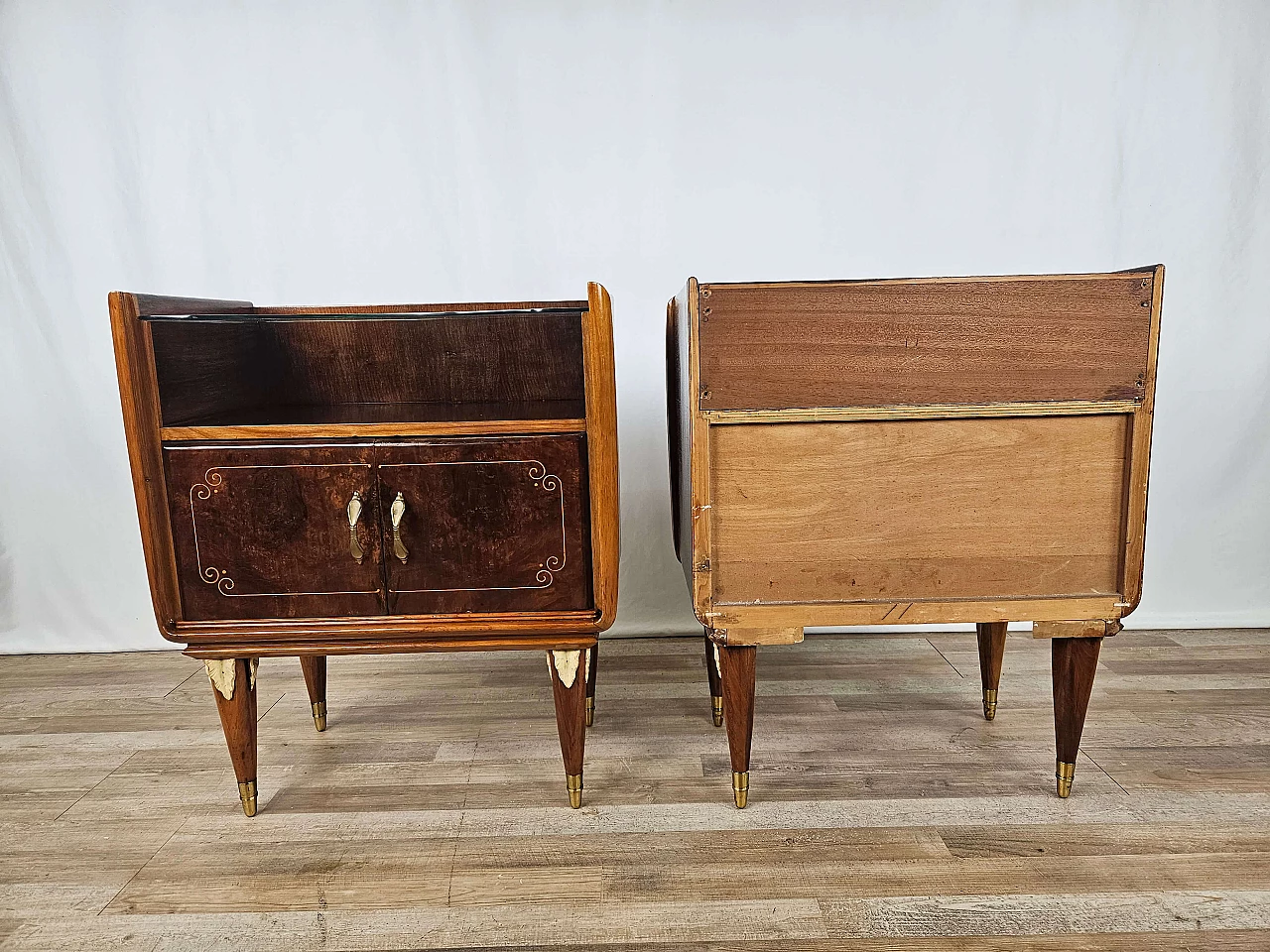 Pair of walnut and maple bedside tables with glass shelf, 1950s 5