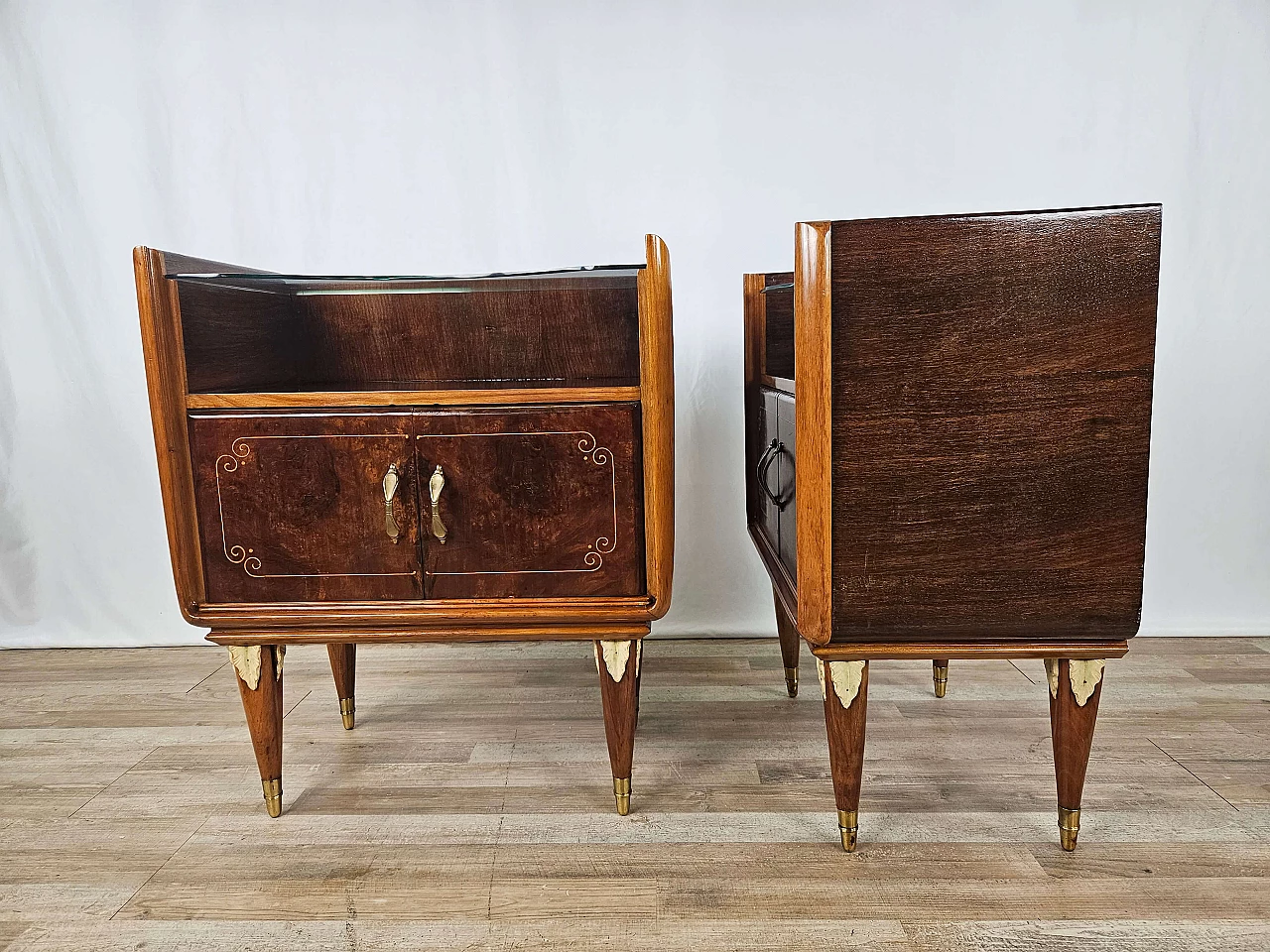 Pair of walnut and maple bedside tables with glass shelf, 1950s 6