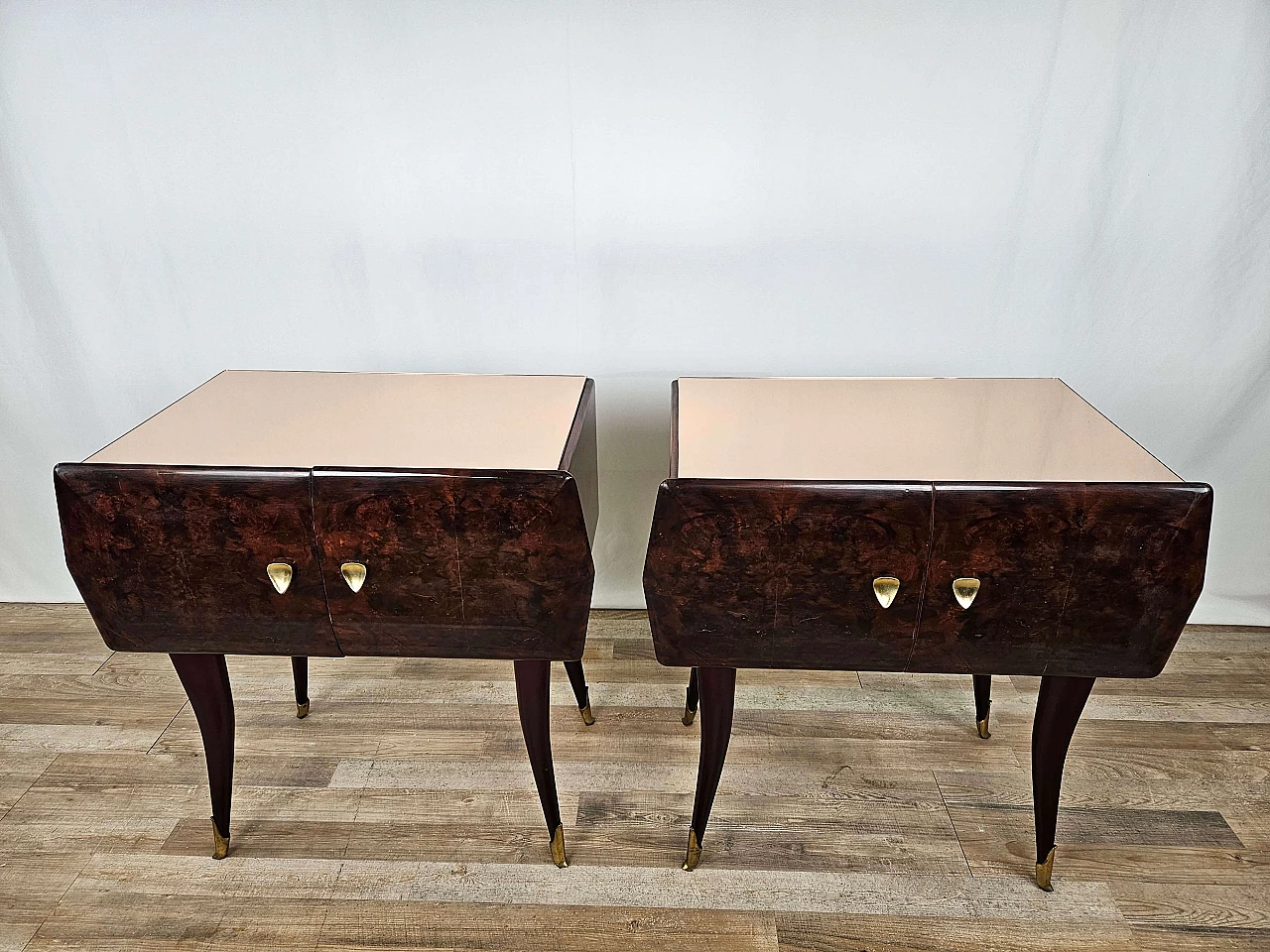 Pair of rosewood, maple and pink glass bedside tables, 1950s 1