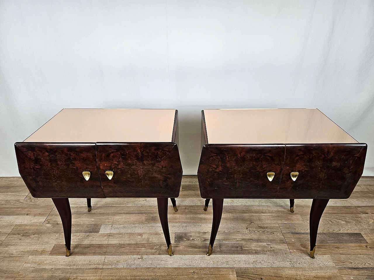 Pair of rosewood, maple and pink glass bedside tables, 1950s 2