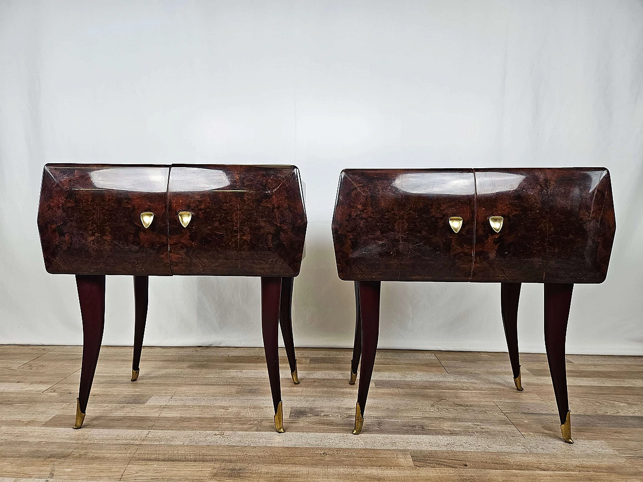 Pair of rosewood, maple and pink glass bedside tables, 1950s 3