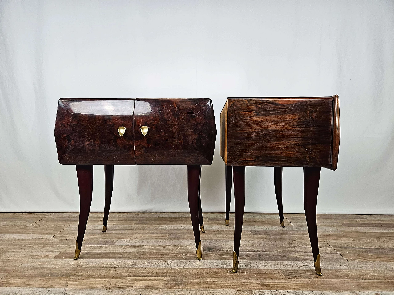 Pair of rosewood, maple and pink glass bedside tables, 1950s 4