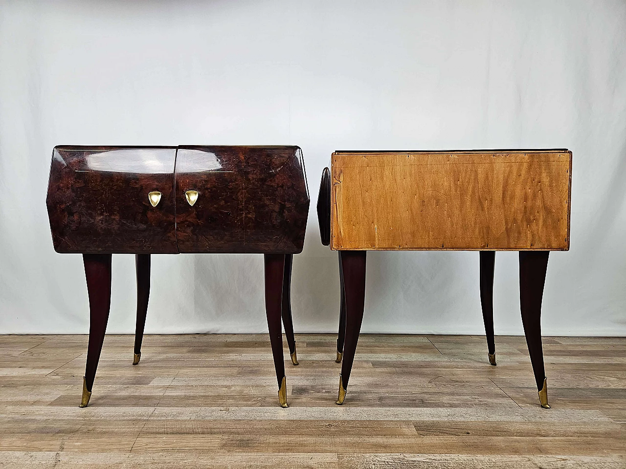 Pair of rosewood, maple and pink glass bedside tables, 1950s 5