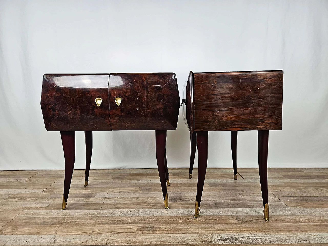 Pair of rosewood, maple and pink glass bedside tables, 1950s 6