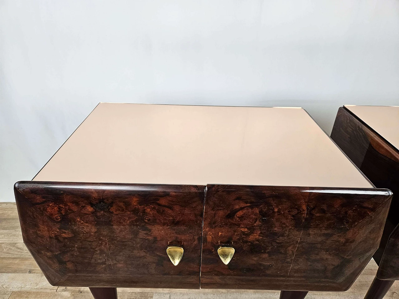 Pair of rosewood, maple and pink glass bedside tables, 1950s 7