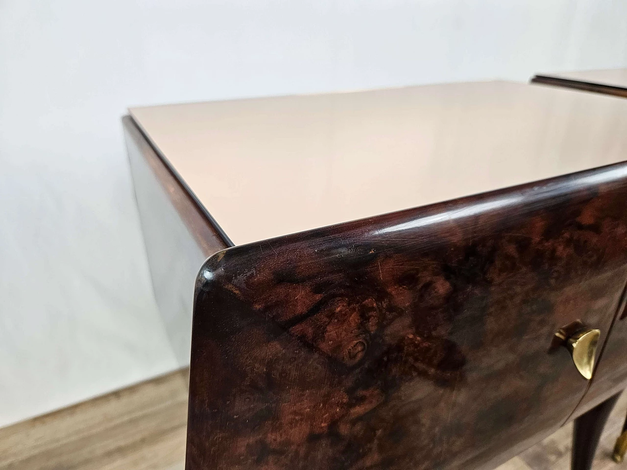 Pair of rosewood, maple and pink glass bedside tables, 1950s 11