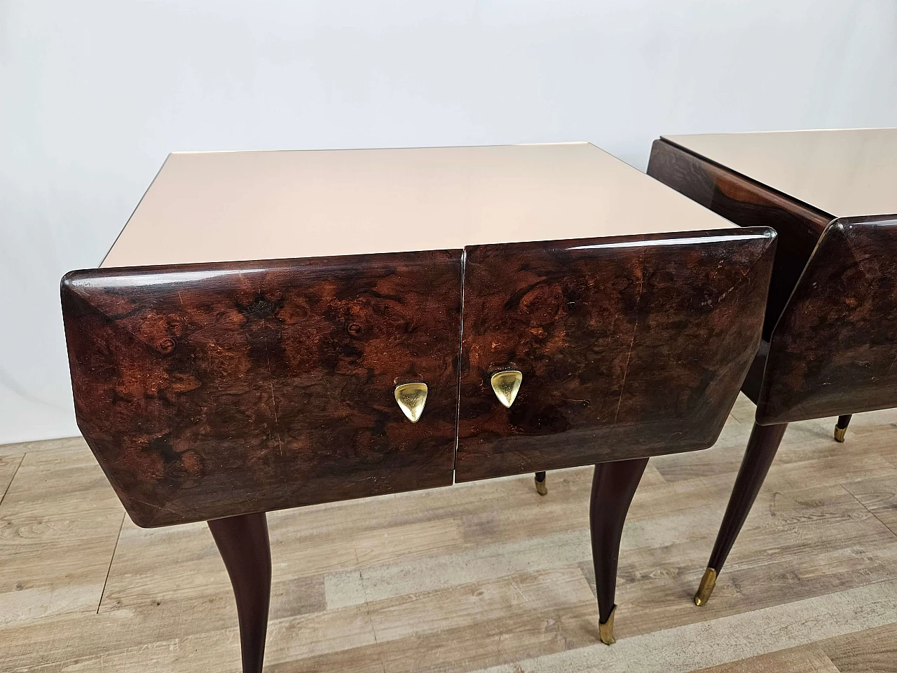 Pair of rosewood, maple and pink glass bedside tables, 1950s 12