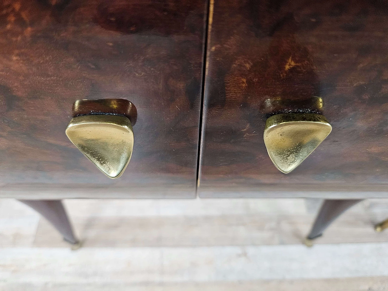 Pair of rosewood, maple and pink glass bedside tables, 1950s 15