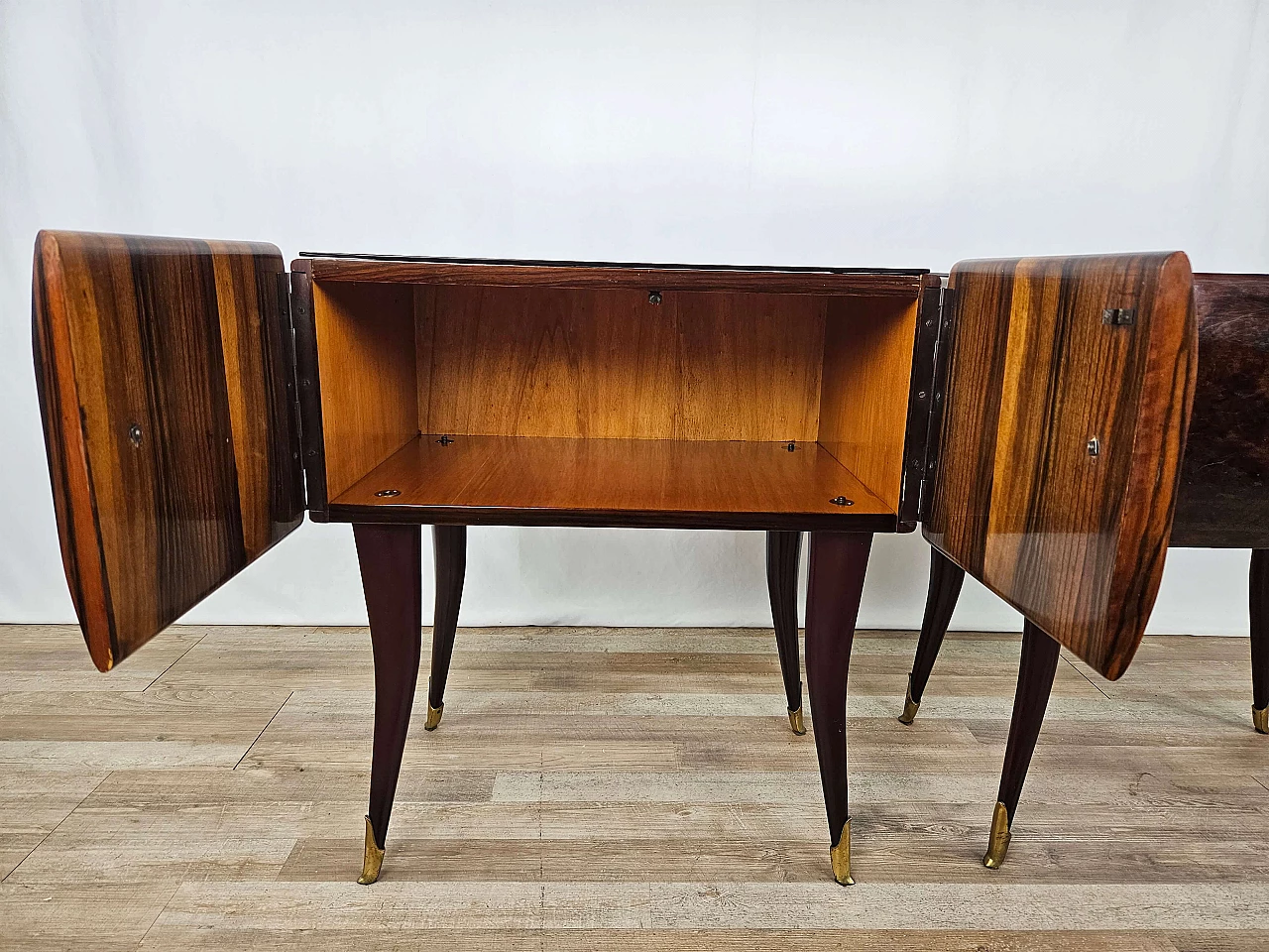 Pair of rosewood, maple and pink glass bedside tables, 1950s 20