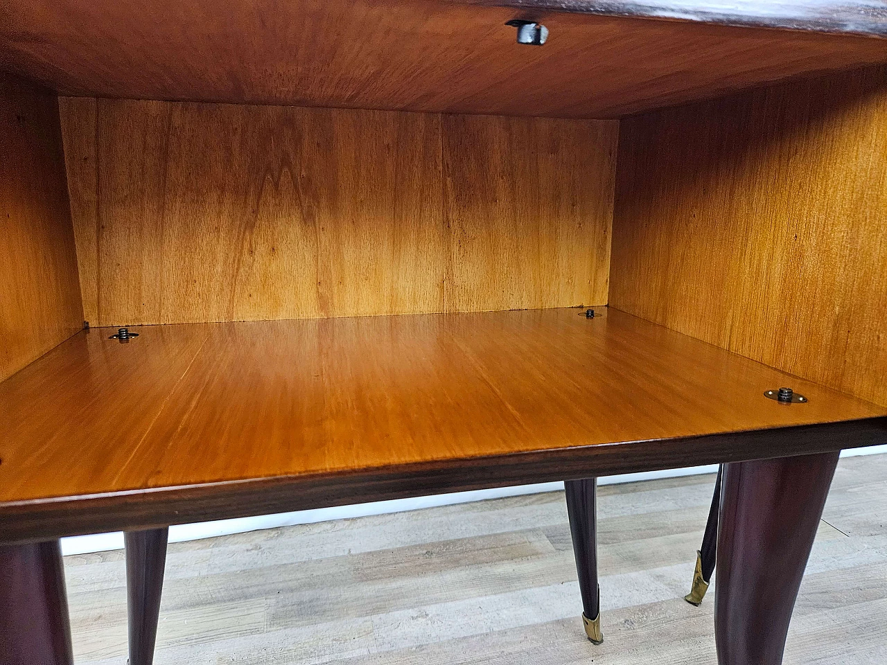 Pair of rosewood, maple and pink glass bedside tables, 1950s 22