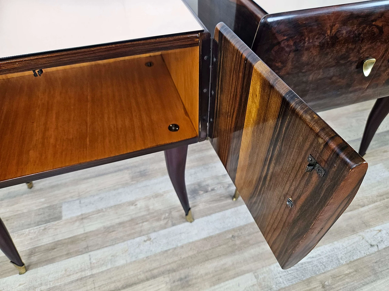 Pair of rosewood, maple and pink glass bedside tables, 1950s 23