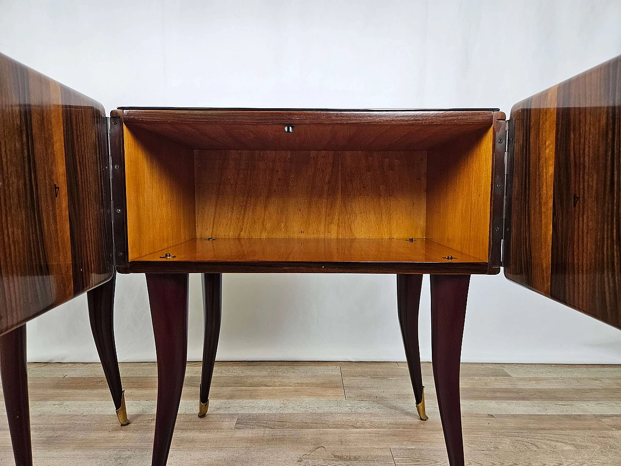 Pair of rosewood, maple and pink glass bedside tables, 1950s 24