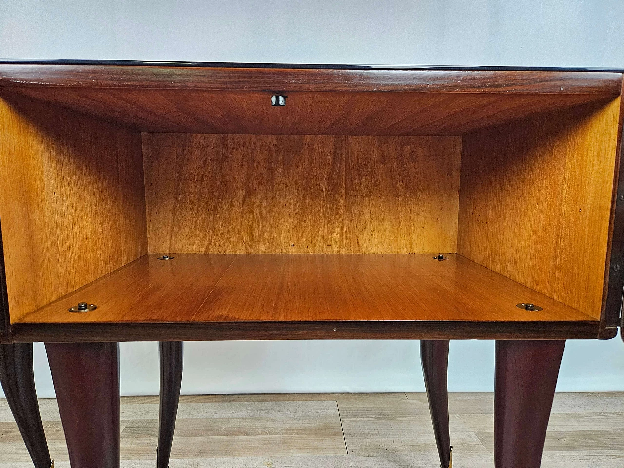 Pair of rosewood, maple and pink glass bedside tables, 1950s 25