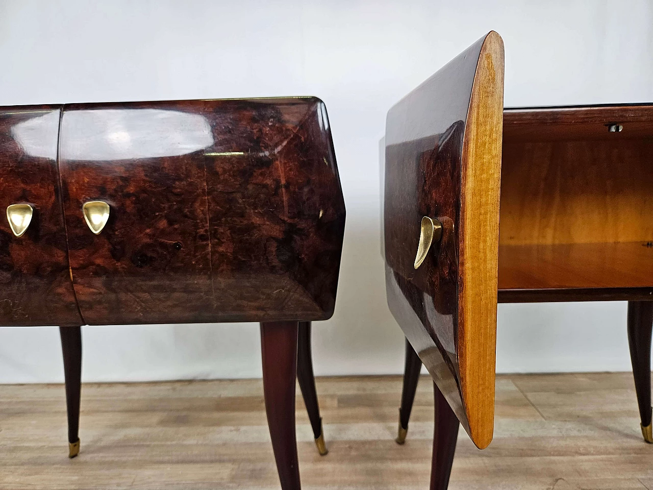 Pair of rosewood, maple and pink glass bedside tables, 1950s 26