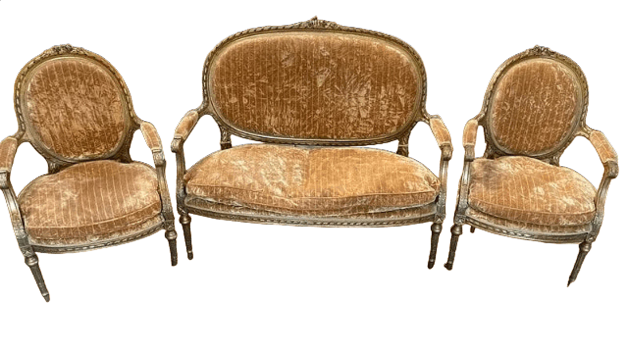 Sofa and pair of armchairs in gilded wood and velvet, 18th century 8