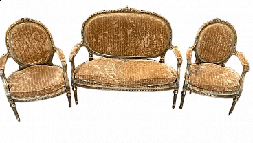 Sofa and pair of armchairs in gilded wood and velvet, 18th century