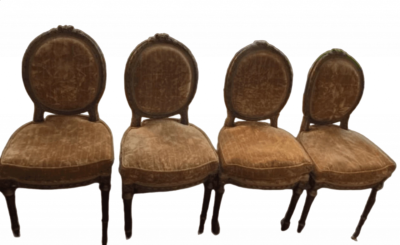 4 Chairs in gilded wood and gold velvet, 18th century 5