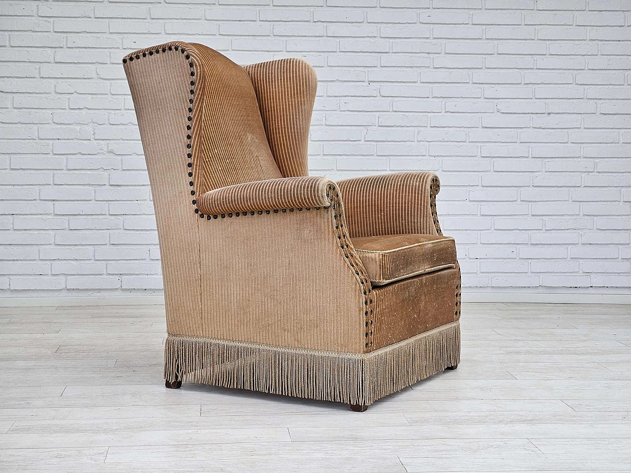 Danish ash and beige corduroy armchair, 1970s 1