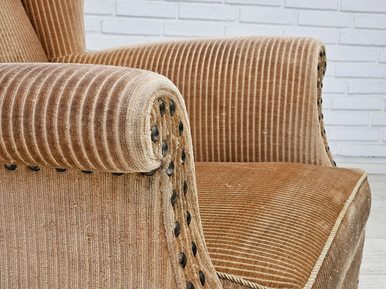 Danish ash and beige corduroy armchair, 1970s 2