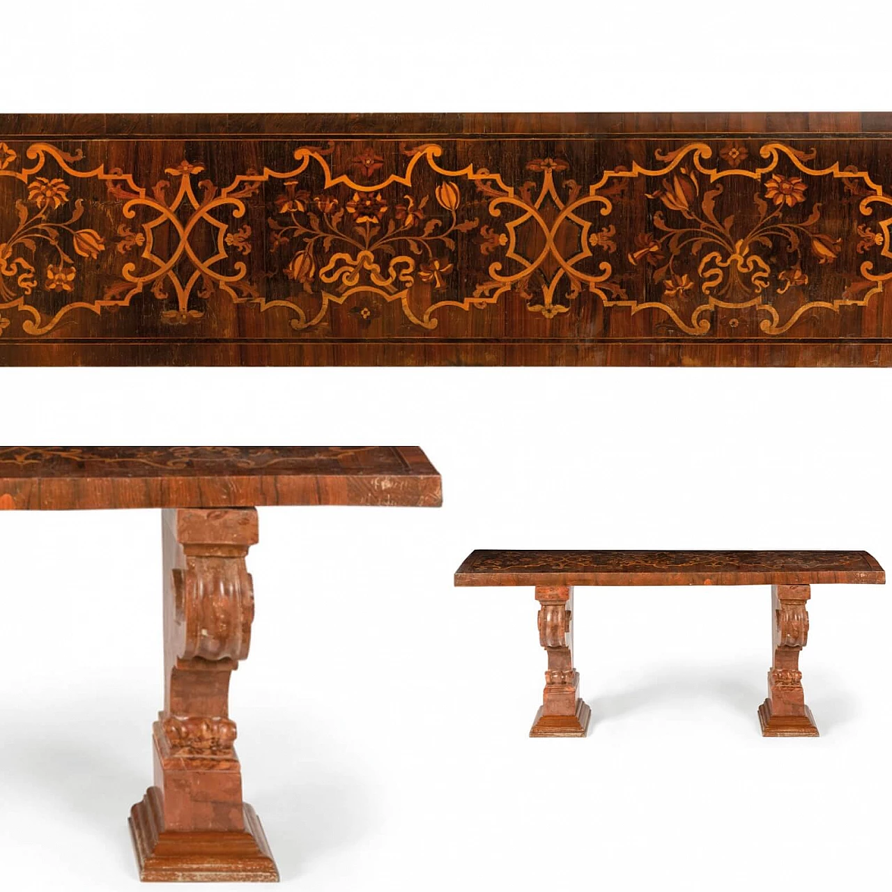 Red marble and walnut panelled and inlaid wood bench, 17th century 1