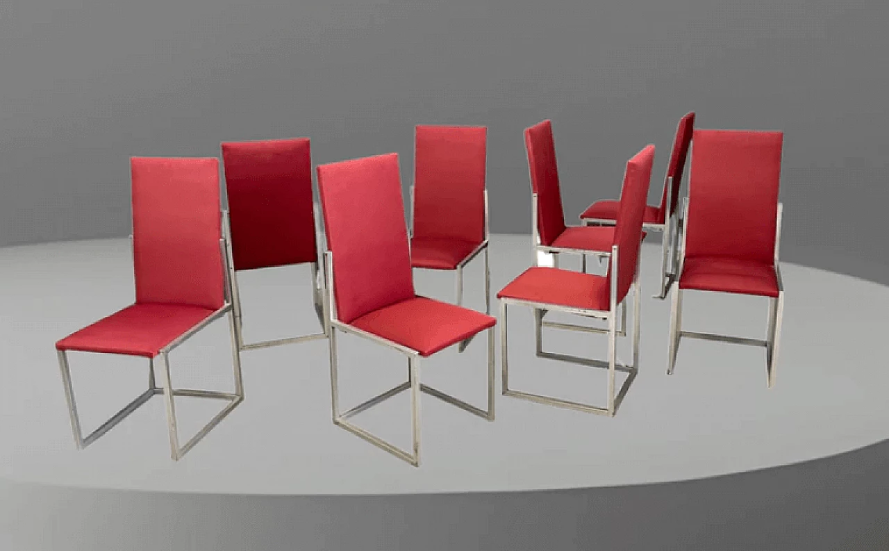 8 Chairs in nickel-plated metal and red fabric by Turri, 1970s 1