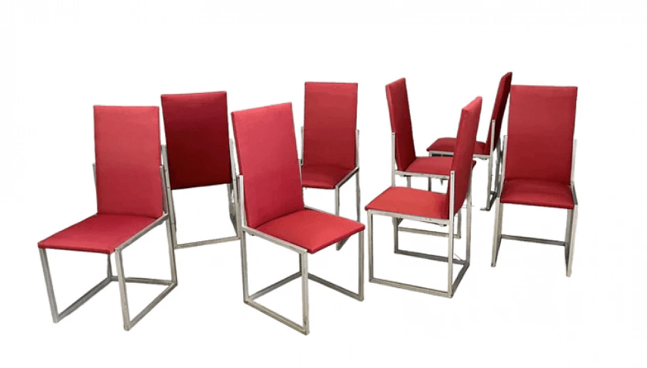 8 Chairs in nickel-plated metal and red fabric by Turri, 1970s 2