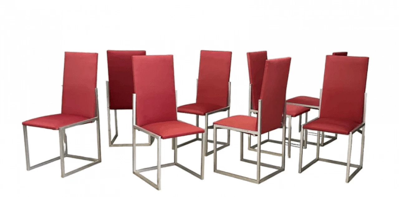 8 Chairs in nickel-plated metal and red fabric by Turri, 1970s 3
