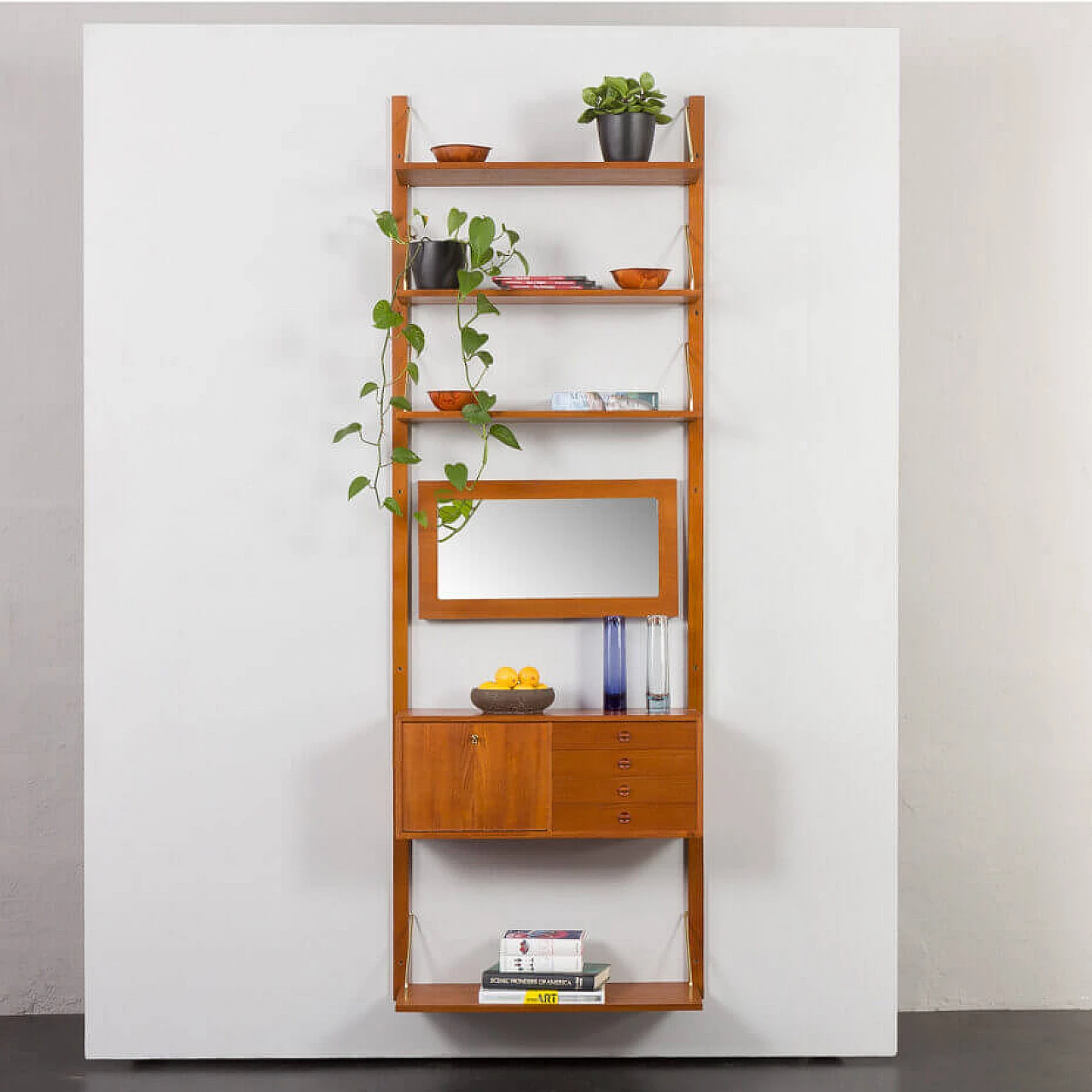 Wall-mounted teak bookcase with mirror in the Cadovius style, 1960s 1