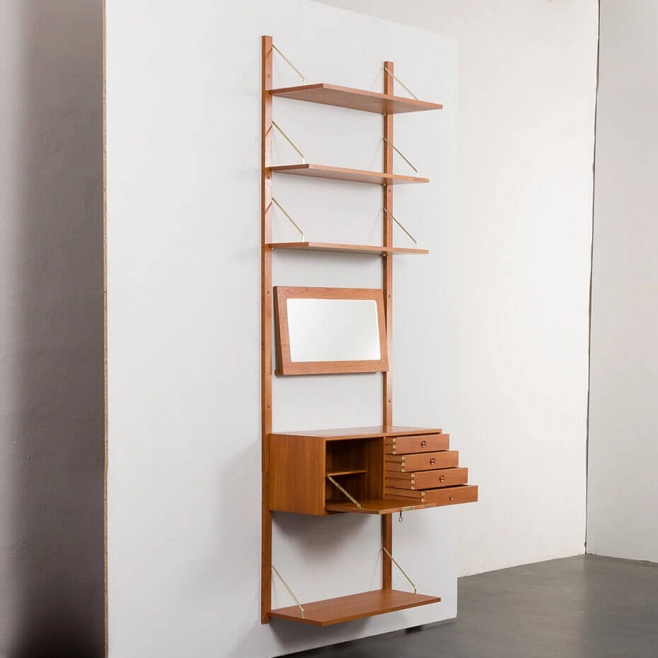 Wall-mounted teak bookcase with mirror in the Cadovius style, 1960s 2