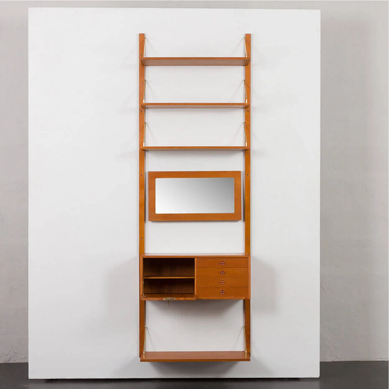 Wall-mounted teak bookcase with mirror in the Cadovius style, 1960s 3