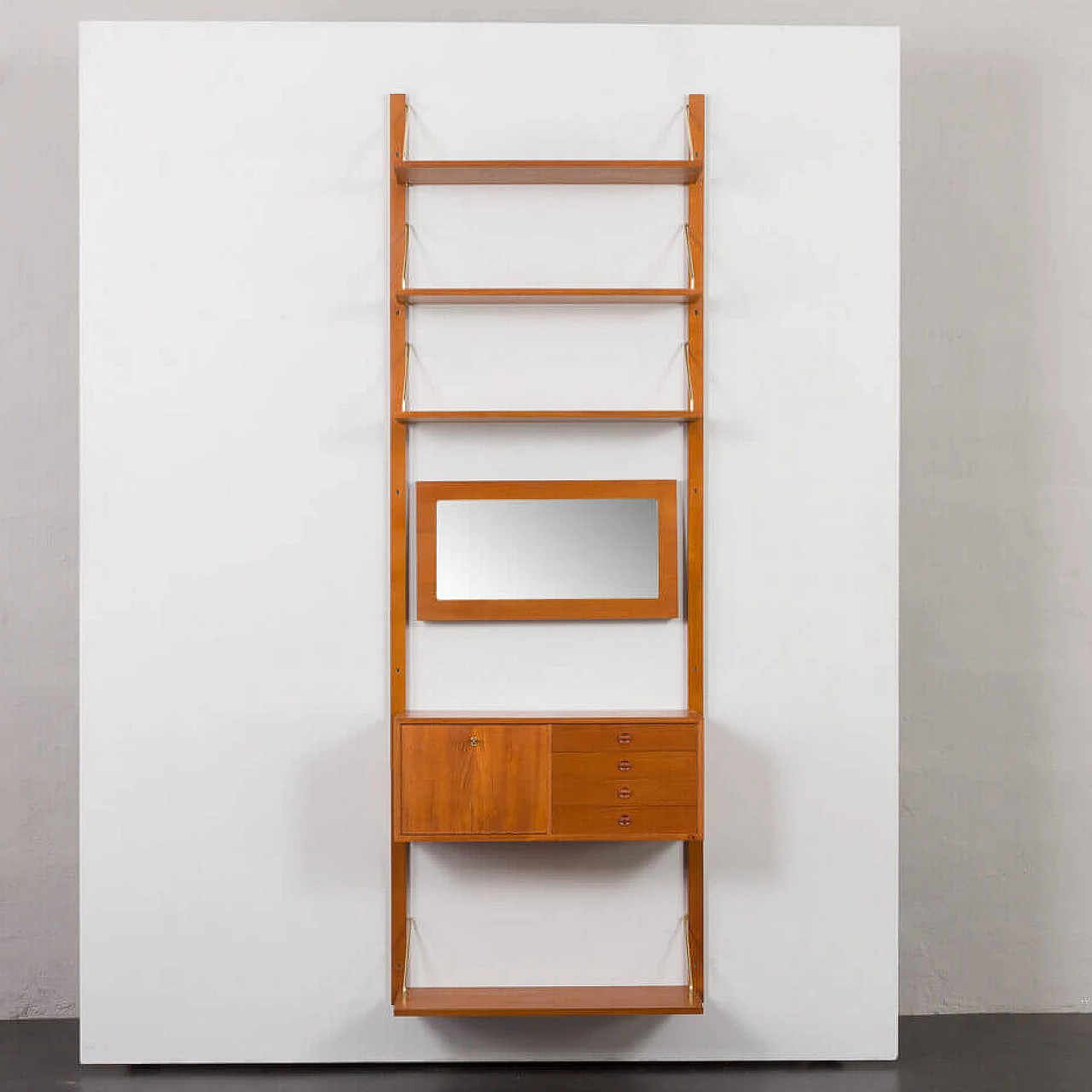 Wall-mounted teak bookcase with mirror in the Cadovius style, 1960s 4