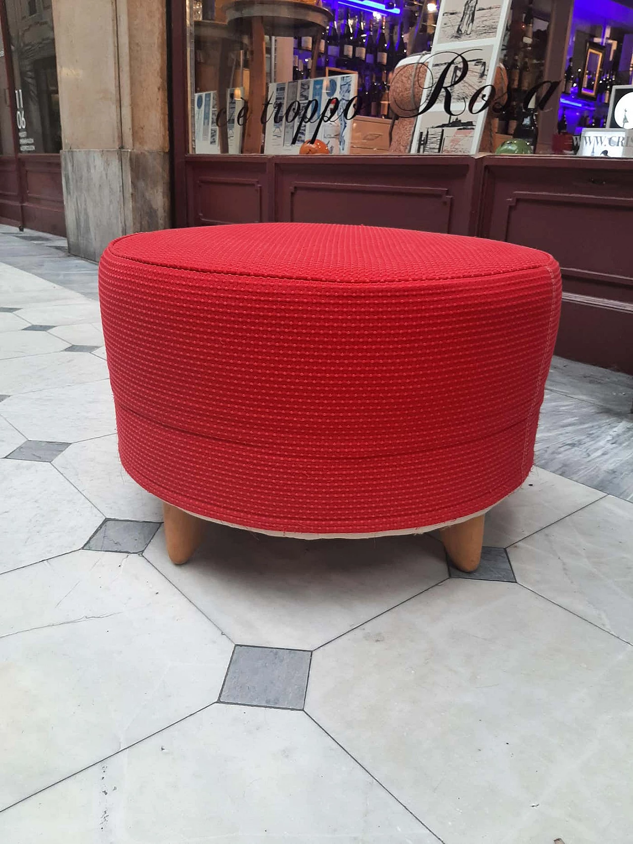 Round red fabric pouf with wooden legs by Moroso, 1990s 4