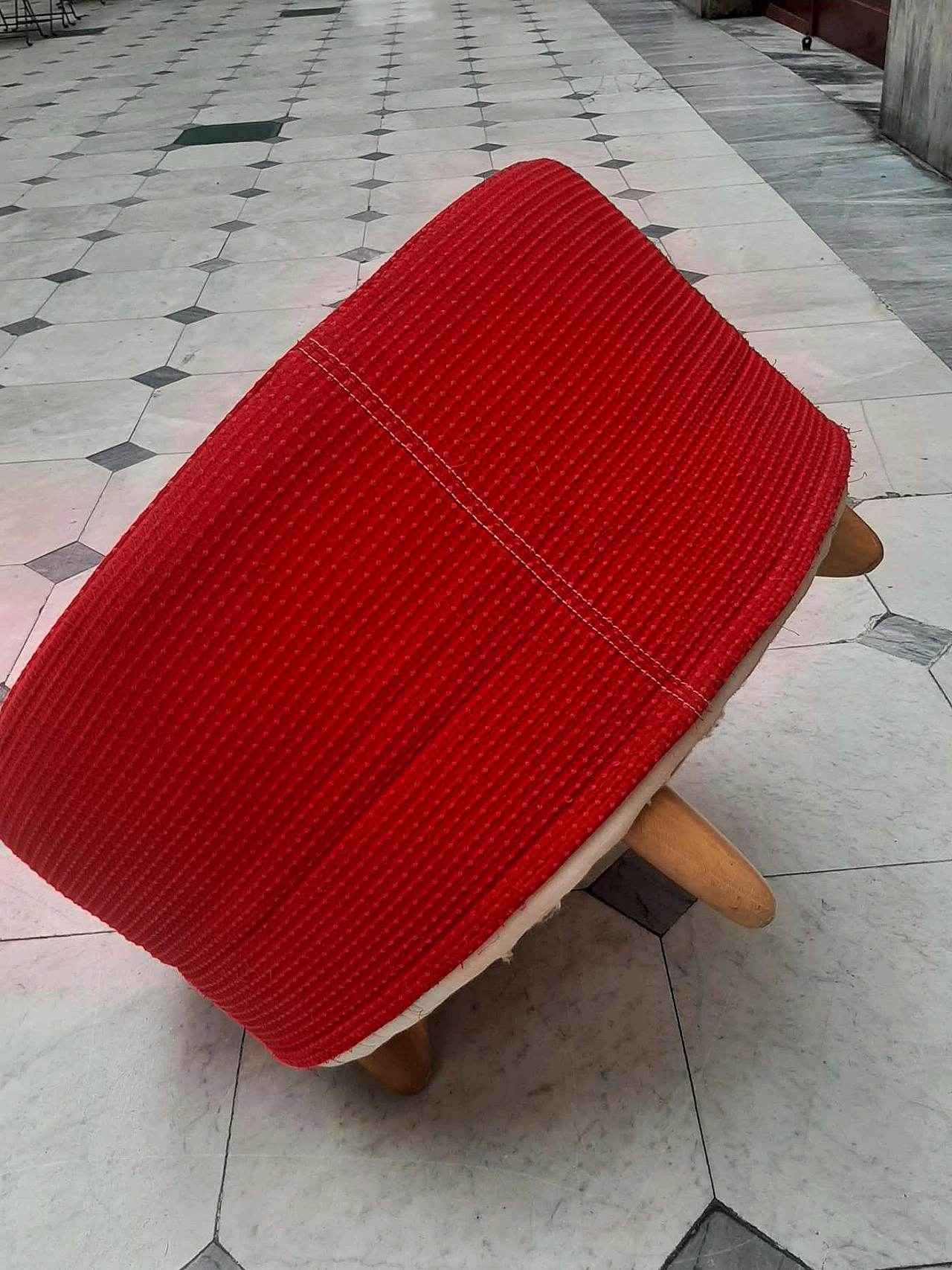 Round red fabric pouf with wooden legs by Moroso, 1990s 5