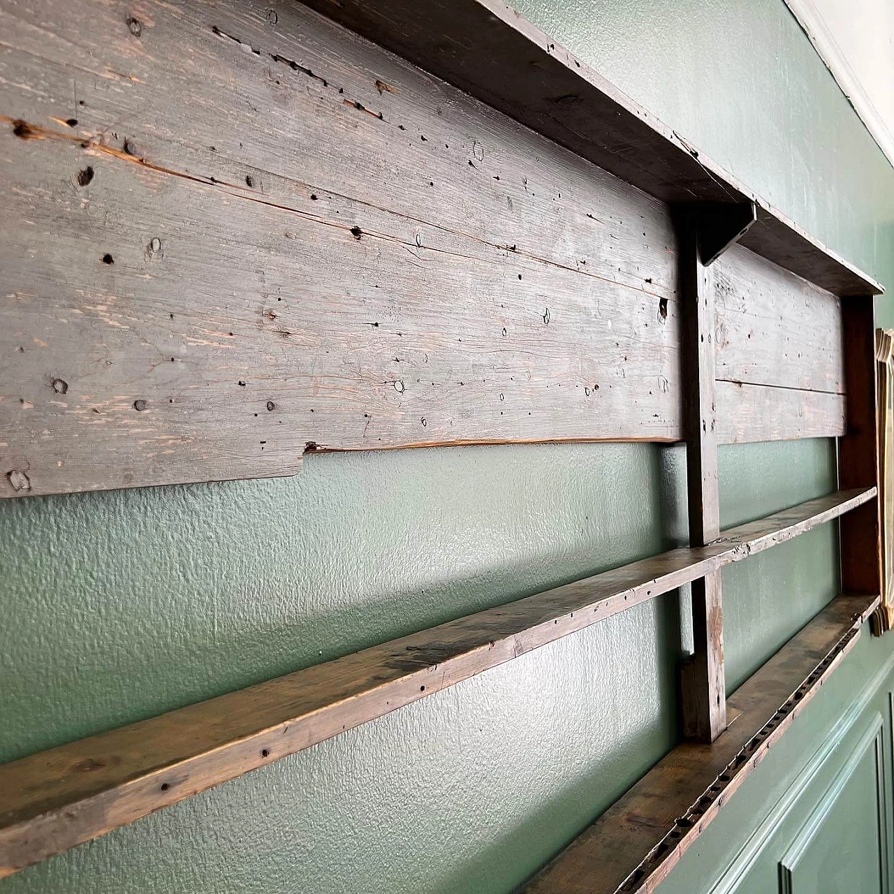 Industrial wall-mounted wooden bookcase, 1930s 5