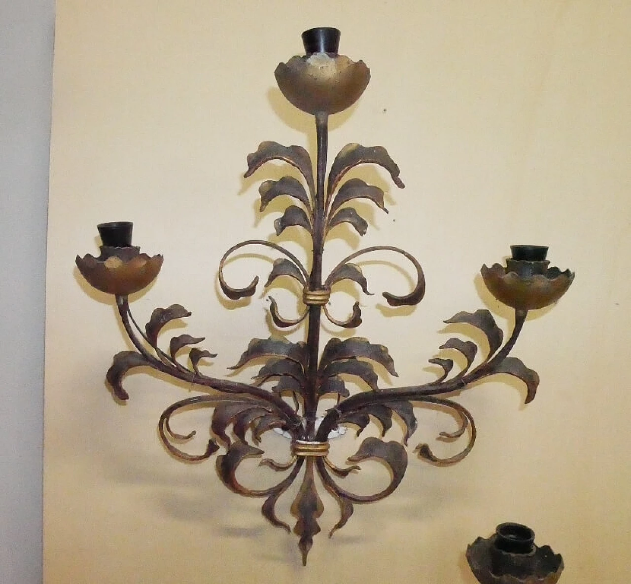 Pair of three-light burnished metal wall lamps, 1960s 2