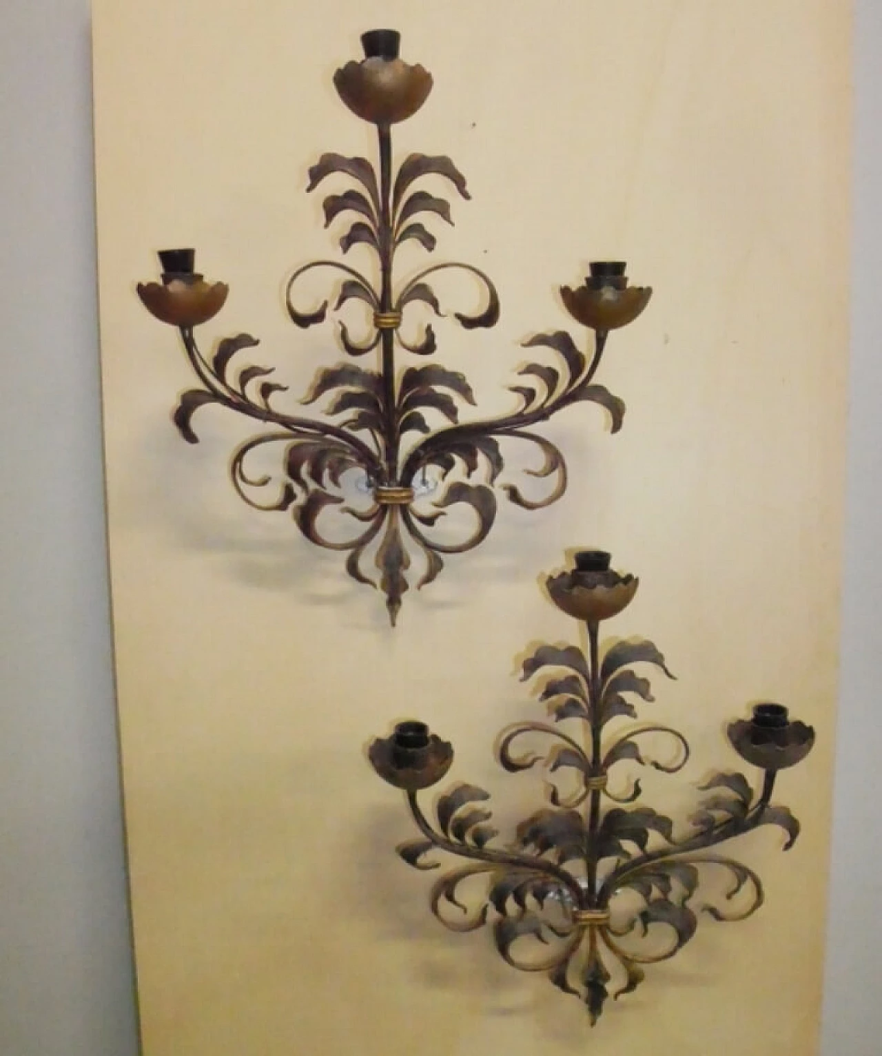 Pair of three-light burnished metal wall lamps, 1960s 12