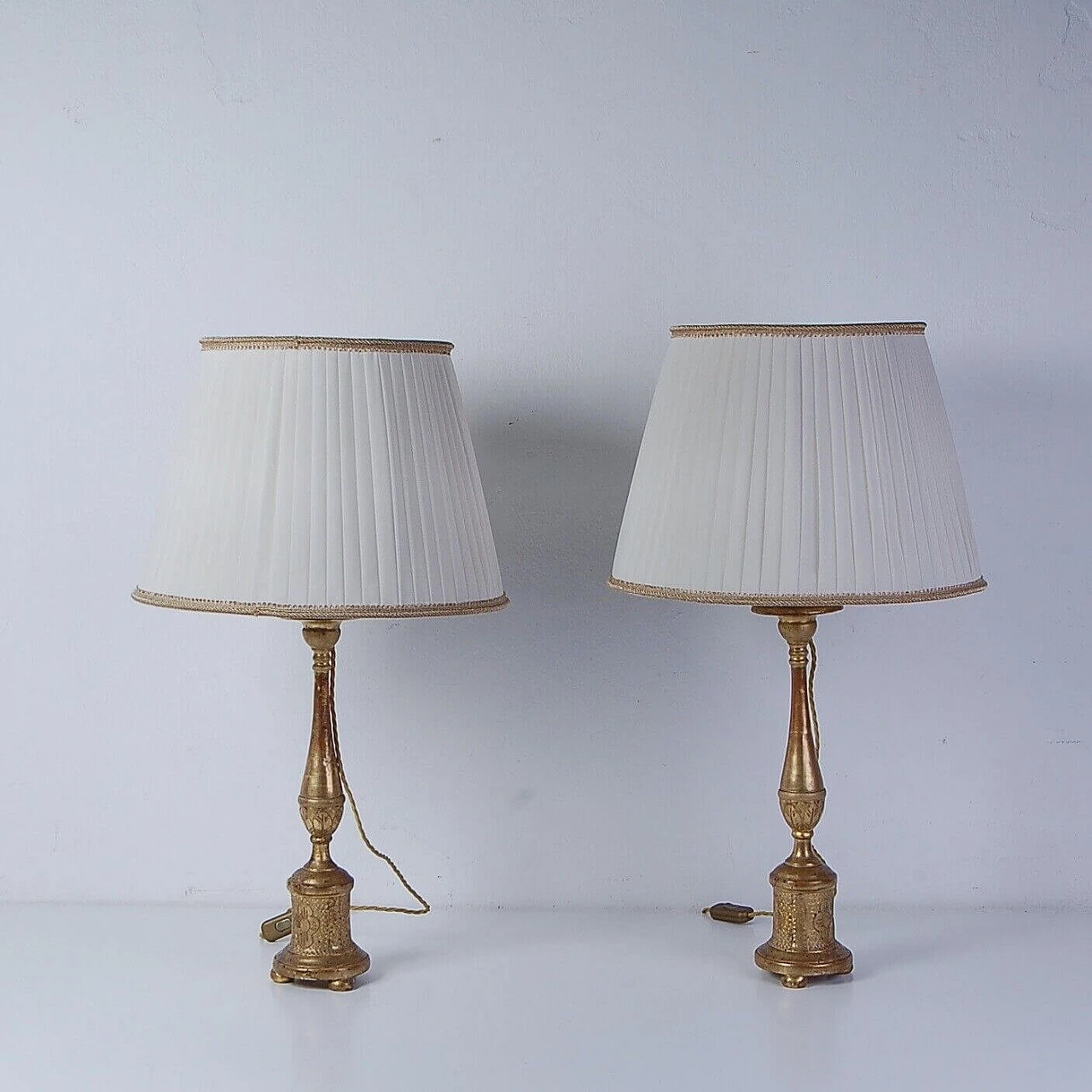 Pair of table lamps with a 19th-century wooden candelabra base decorated with gold leaf 1