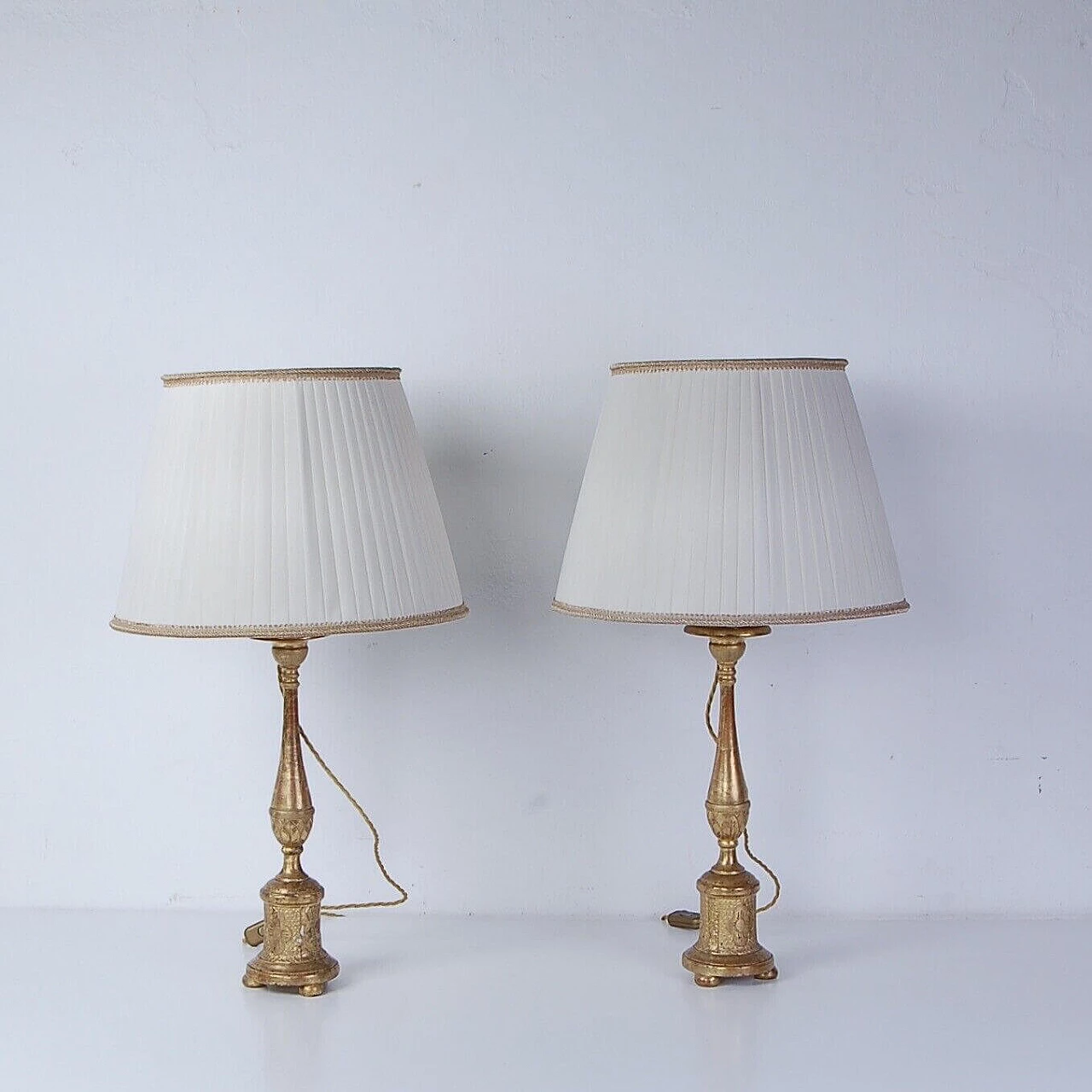 Pair of table lamps with a 19th-century wooden candelabra base decorated with gold leaf 4