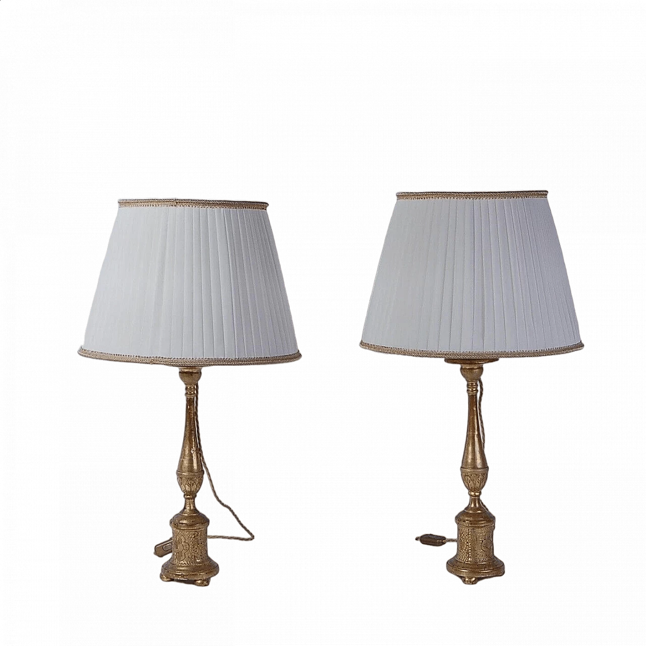 Pair of table lamps with a 19th-century wooden candelabra base decorated with gold leaf 19