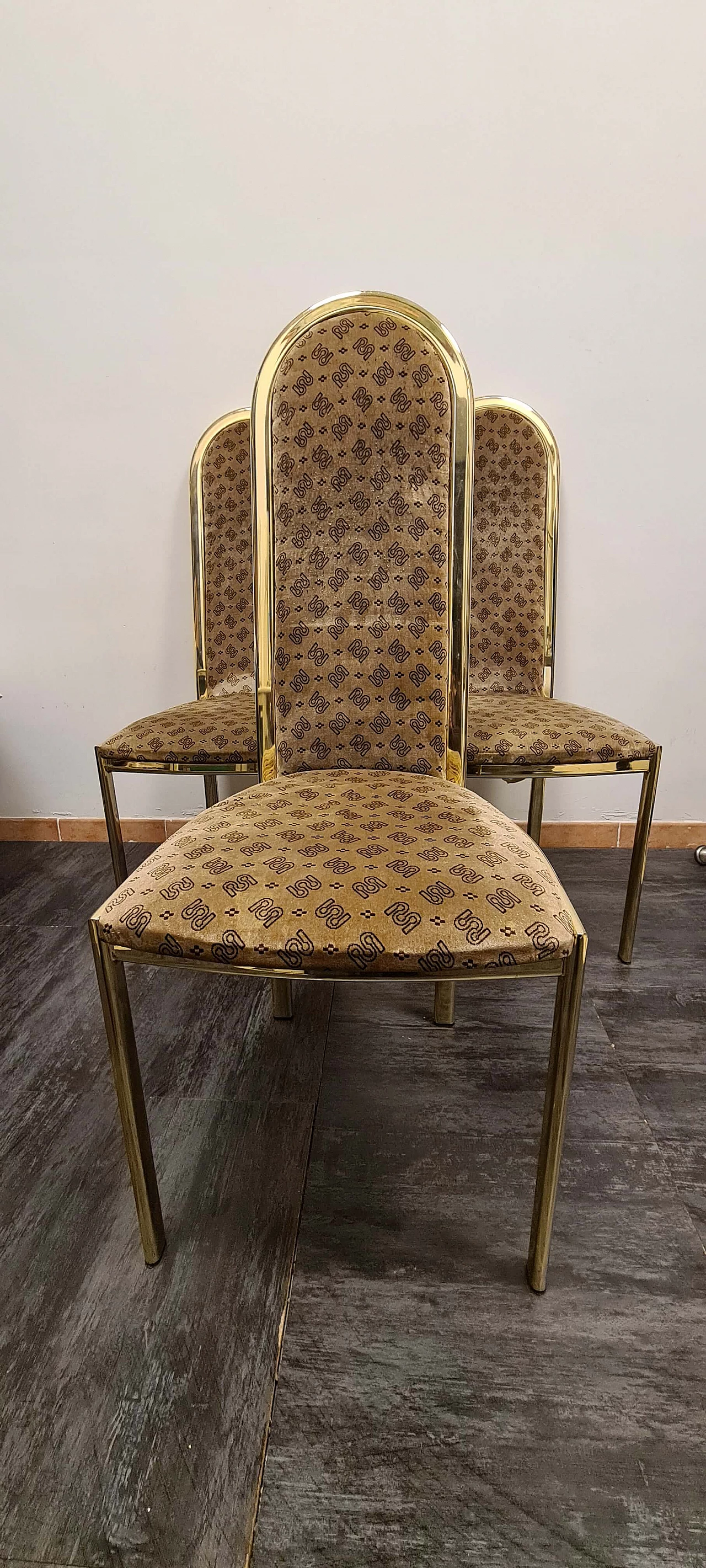 3 Gilded chairs in galvanised metal and velvet by Morex, 1970s 2