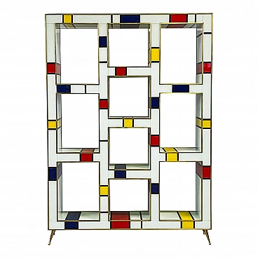 Mondrian style multicolored Murano glass and brass bookcase, 1980s