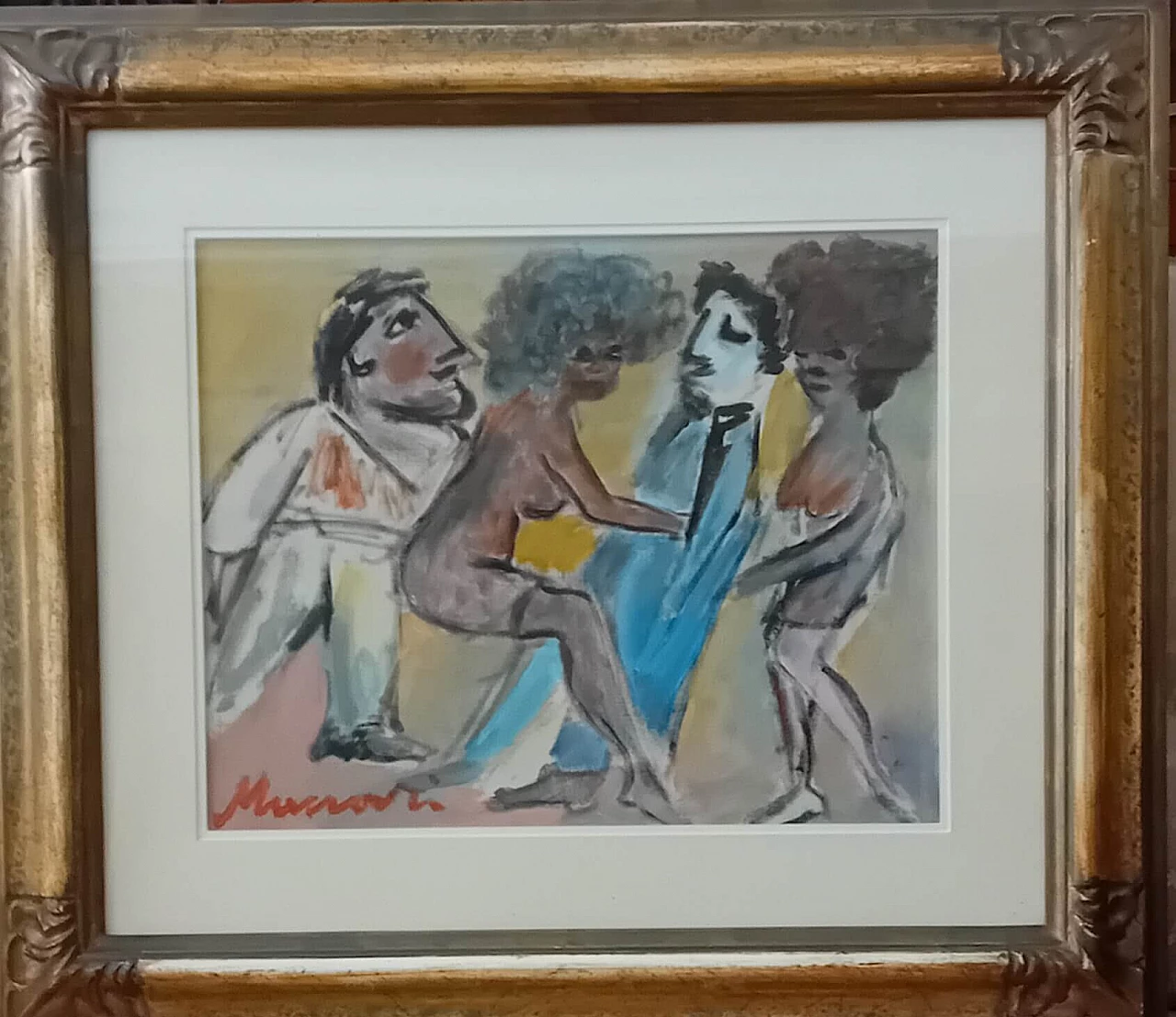 Mino Maccari, composition with figures, painting on canvas, 1970s 1