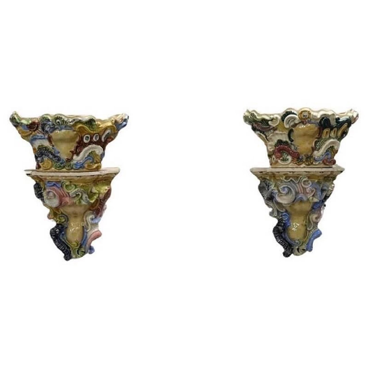 Pair of painted majolica shelves with vase, late 19th century 1