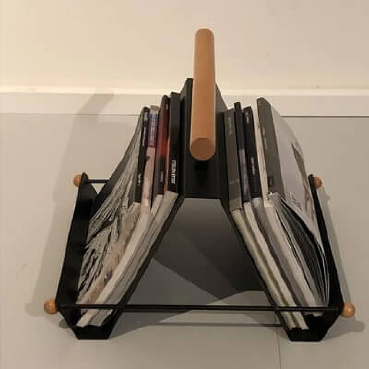 Iron and wood magazine rack, 1980s 11